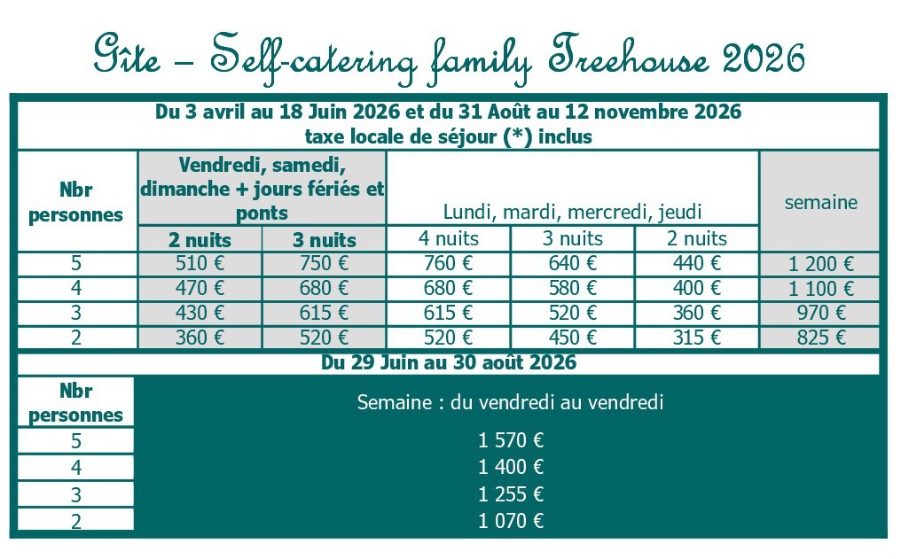 Self-catering treehouse prices 2026